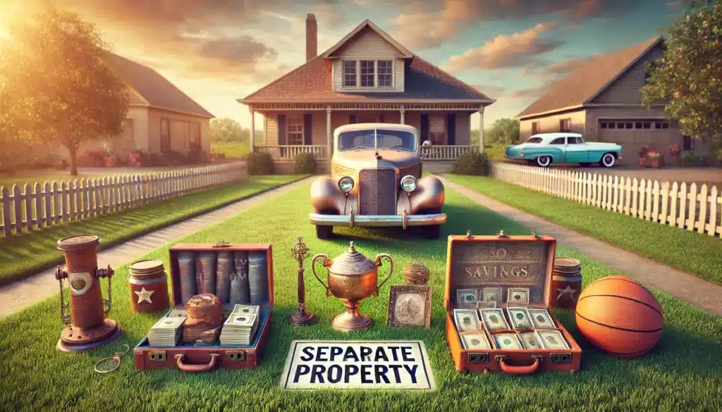 A wide-angle, photo-realistic, cinematic summer scene visually representing separate property and its role in during. The image shows symbolic items like a family heirloom, personal savings, and a vintage car clearly marked as 'separate property' in a serene Texas suburban setting. The backdrop includes a house and peaceful summer greenery, with soft, golden sunlight to enhance the summer vibe. The focus is on distinct, personal assets separated from the shared property, emphasizing the individual ownership of these items