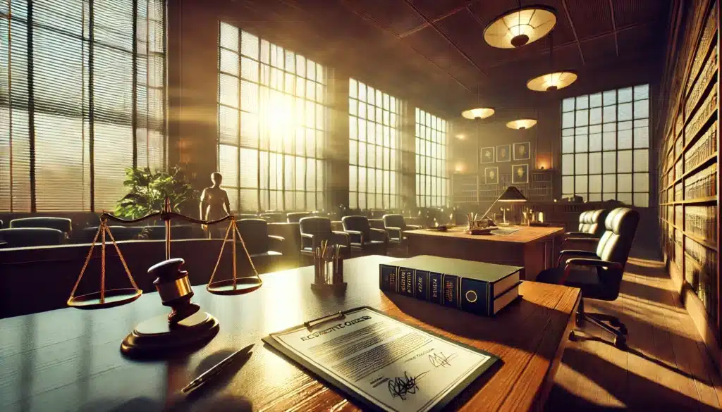 A wide-angle, photo-realistic, cinematic scene showcasing a legal setting, such as a courtroom or lawyer's office, during the summer. The environment is illuminated by warm sunlight, streaming through large windows, creating an inviting yet serious atmosphere. On a desk, legal documents and protective orders are laid out, symbolizing the legal process and their importance. The scene captures the essence of legal contexts with a summer vibe, including light reflections, warm tones, and a peaceful but professional ambiance.