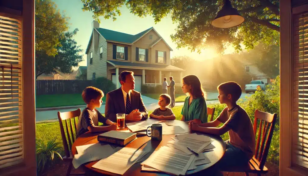 A wide-angle, photo-realistic, cinematic scene depicting a family setting in a Texas neighborhood on a summer day. The focus is on a family discussing child custody arrangements with a lawyer, possibly outside or near a courthouse. The scene is bathed in warm, soft sunlight with lush greenery in the background, symbolizing the seriousness of the conversation while maintaining a peaceful, calm summer atmosphere. Legal documents, including protective orders, are visible, representing their impact on custody arrangements. The mood is thoughtful, yet hopeful, with a summery Texas backdrop.