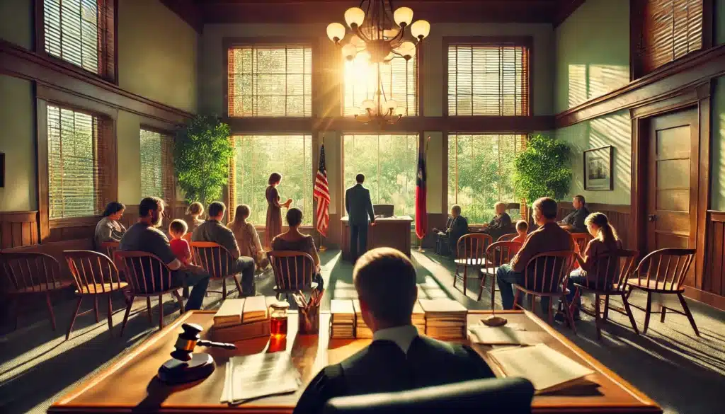 A wide-angle, photo-realistic, cinematic scene showing a courthouse or courtroom during a Texas summer day. The warm sunlight filters through the windows, casting light on the courtroom where a judge is reviewing legal documents regarding protective orders and child custody. The scene is serious yet calm, with a lawyer and family present, and legal papers such as protective orders and custody documents visible. The setting is professional but evokes the summer vibes through sunlight and greenery outside the windows, symbolizing the gravity of the decisions while maintaining a serene summer atmosphere.