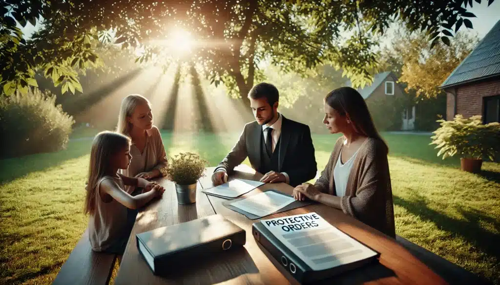 A wide-angle, photo-realistic, cinematic scene depicting a legal consultation in a peaceful outdoor setting during a summer day. A lawyer is sitting with a family, reviewing case documents related to protective orders and custody decisions. The environment exudes summer vibes, with soft sunlight filtering through trees, casting a warm glow on the scene. The documents on the table represent case studies about the influence of protective orders on custody decisions. The atmosphere is calm yet serious, reflecting the importance of the decisions being discussed.