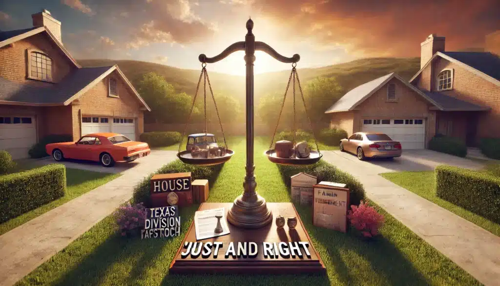 A wide-angle, photo-realistic, cinematic summer scene illustrating the 'Just and Right' division approach in Texas divorce asset division factors. The image visually represents a balance scale, symbolizing fairness, with different assets on either side. One side holds a house, car, and retirement fund, while the other side contains financial documents and personal items like family heirlooms. The scene is set outdoors in a warm, soft summer lighting, with a Texas suburban background. The overall vibe is peaceful and thoughtful, capturing the balanced and equitable approach to asset division in divorce.
