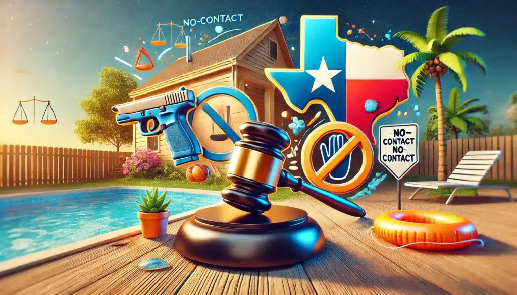 A wide-angle, photo-realistic, cinematic illustration with summer vibes depicting the concept of emergency protective orders in Texas. The image should highlight key aspects of legal protection, including a judge’s gavel, a no-contact symbol, a home with a shield representing safety, and a symbol of a crossed-out firearm. The scene should be bright and calming, with vibrant colors, and elements of Texas, such as the Texas state flag subtly in the background. The image should visually convey legal safeguards, protection, and peace of mind in a clear, inviting way.