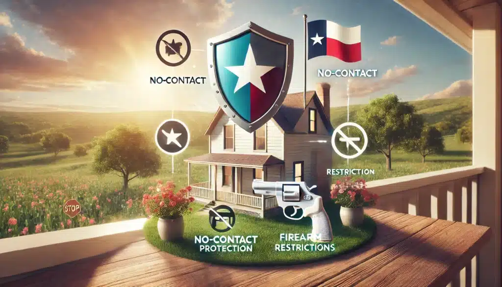 A wide-angle, photo-realistic, cinematic illustration with summer vibes showcasing the key protections offered by emergency protective orders in Texas. The image should include visual representations of key protections such as a shield for safety, a no-contact symbol, a home symbolizing protection, and a crossed-out firearm representing firearm restrictions. The scene should have a calm and inviting summer ambiance, with soft sunlight, green surroundings, and subtle Texas symbols like the state flag. The overall feel should convey safety, legal protection, and peace of mind.