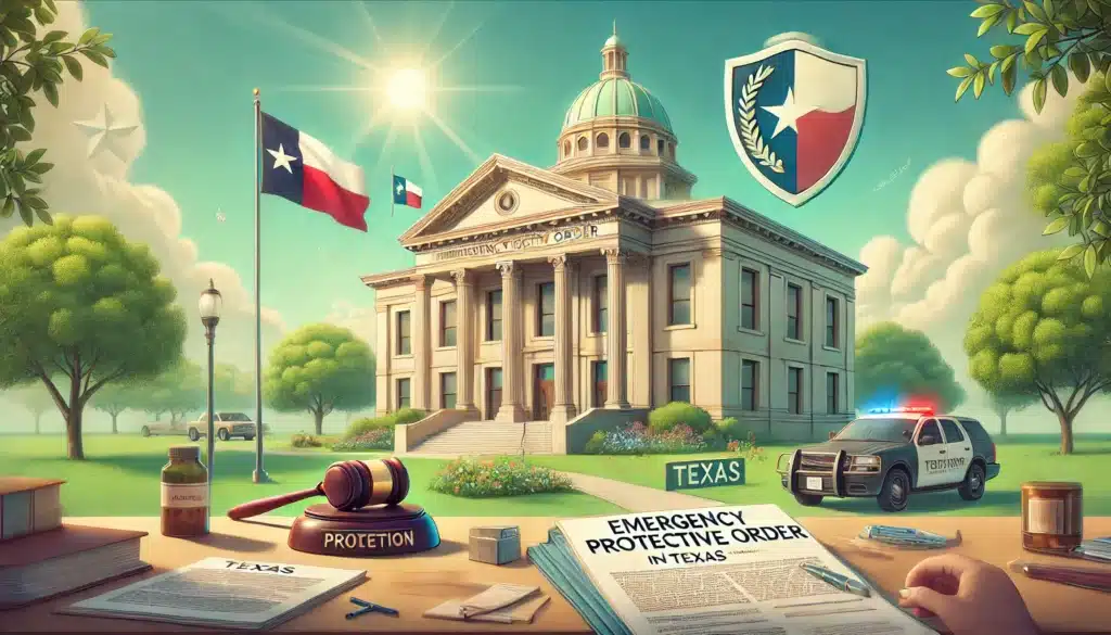 A wide-angle, photo-realistic, cinematic illustration with summer vibes depicting the steps to obtain an emergency protective order in Texas, including the filing process. The image should feature elements such as a courthouse, legal documents being filed, a gavel, and a shield representing protection. The scene should have a bright, summery feel with soft sunlight and green surroundings. Subtle Texas symbols like the state flag or Texas courthouse architecture should be visible. The overall image should convey the process of seeking legal protection and safety.