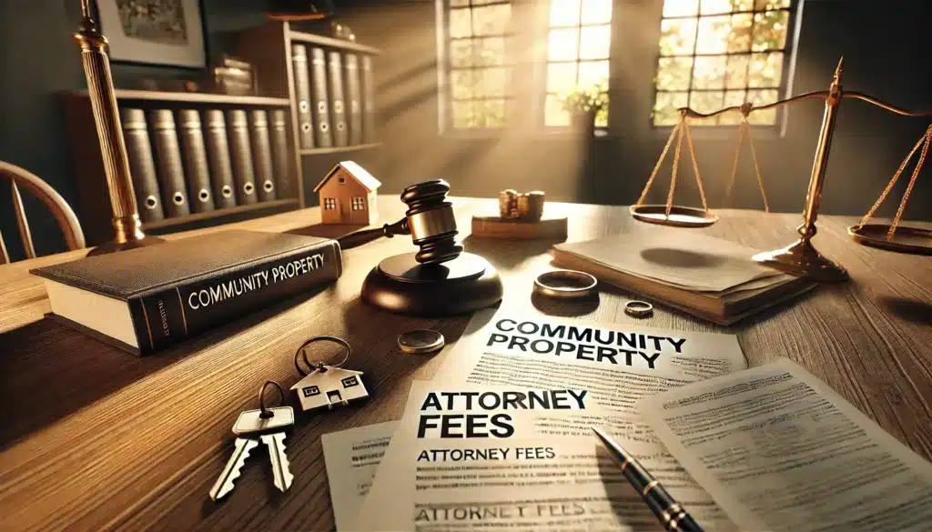 A cinematic, photo-realistic wide-angle image visually representing community property in relation to attorney fees during divorce. The scene features a desk bathed in warm summer sunlight, with legal documents labeled 'Community Property' and 'Attorney Fees' spread across the surface. The desk is also scattered with symbolic items like house keys, a wedding ring, and a gavel, highlighting the division of assets. In the background, subtle summer elements like sunlight streaming through windows and a relaxed yet professional atmosphere set the tone. The image evokes the complex nature of dividing community property during divorce, while keeping the summer vibes intact.