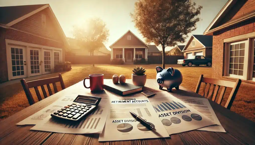 A wide-angle, photo-realistic, cinematic summer scene illustrating the considerations for dividing retirement accounts in a Texas divorce, focusing on. The image shows a symbolic representation of retirement accounts, with documents, charts, and a calculator on a table. In the background, symbolic items like a house and a car emphasize asset division. The scene is set outdoors in a Texas suburban backyard, with soft, warm golden summer sunlight creating a thoughtful, balanced atmosphere. The image evokes peaceful reflections on retirement account during a divorce.