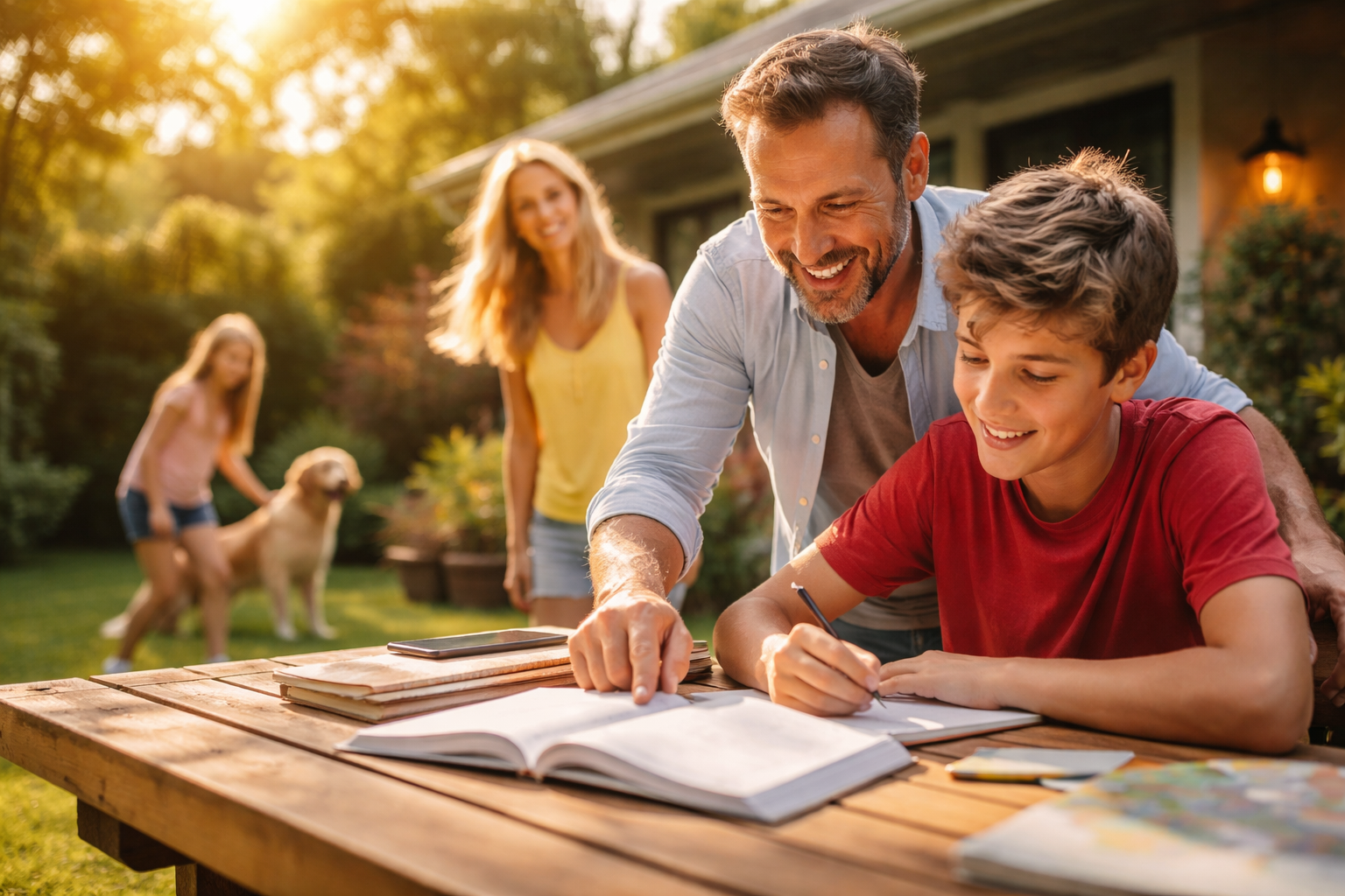 Stepparent helping teenage son with homework in backyard during summer evening, blended Texas family supporting academic stability after divorce