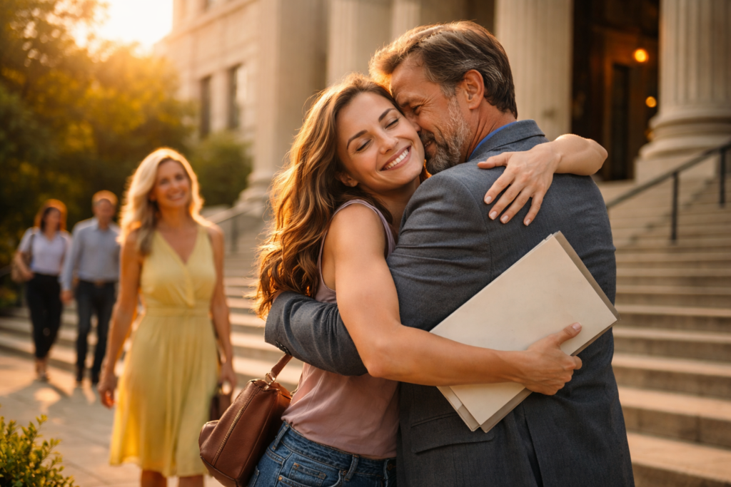Adult woman hugging her adoptive father outside a Texas courthouse after adult adoption hearing, holding legal documents in warm summer sunlight, symbolizing permanent legal recognition and family unity.