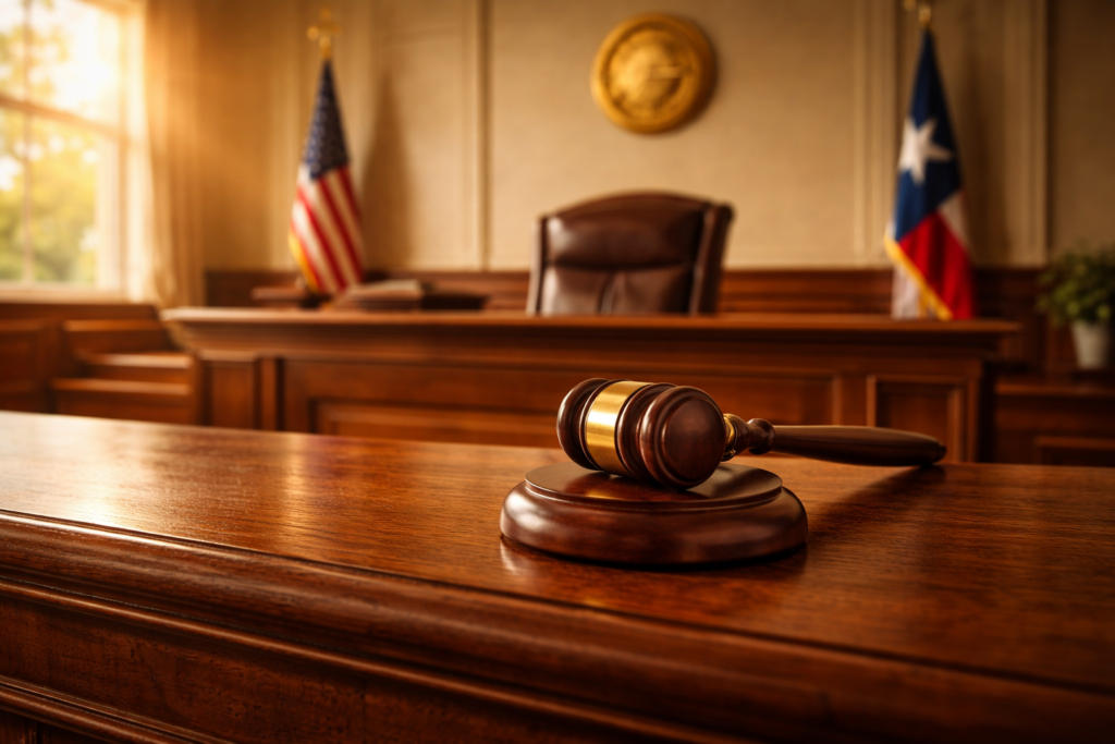 A gavel rests on a wooden judge's bench in an empty courtroom, flanked by American and Texas flags. This setting symbolizes the formal environment where matters such as uncontested divorce and final hearings are addressed within the Texas courts.