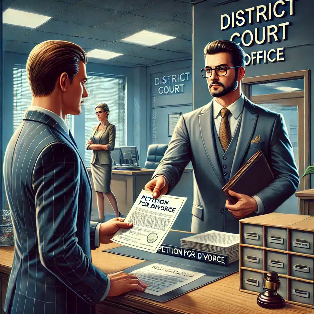 The divorce process begins when the petitioner files a petition for divorce with the district court 