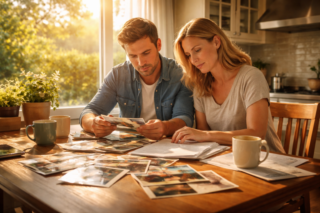 A couple sitting at a kitchen table sorting through old photos and divorce paperwork during a quiet summer afternoon, reflecting on their decision to move forward with an uncontested divorce.
