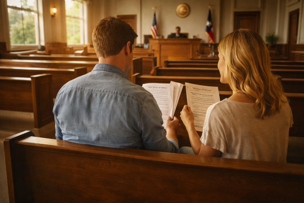 A couple sitting in a courtroom reviewing divorce paperwork during a summer afternoon, preparing for their uncontested final hearing in Texas.