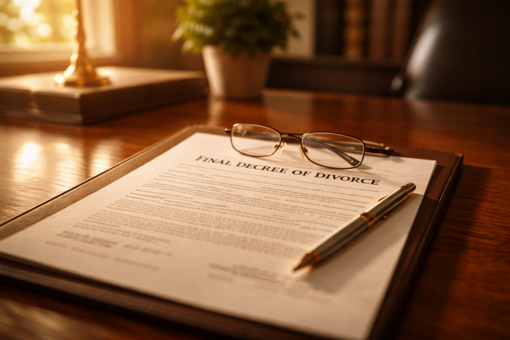 The image depicts a family law document, possibly a divorce decree, resting on a desk alongside a pen and reading glasses, illuminated by warm office lighting. This setting suggests a focus on the process of an uncontested divorce, highlighting the importance of preparing for a final hearing in Texas courts.