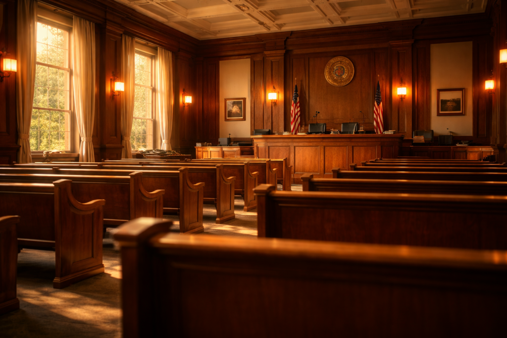 The image depicts a courtroom interior bathed in warm natural light, featuring empty wooden benches that create a serene atmosphere. This setting is often where legal processes, such as adult adoptions in Texas, take place, emphasizing the importance of the legal recognition of parent-child relationships and the emotional bonds involved in the adoption journey.