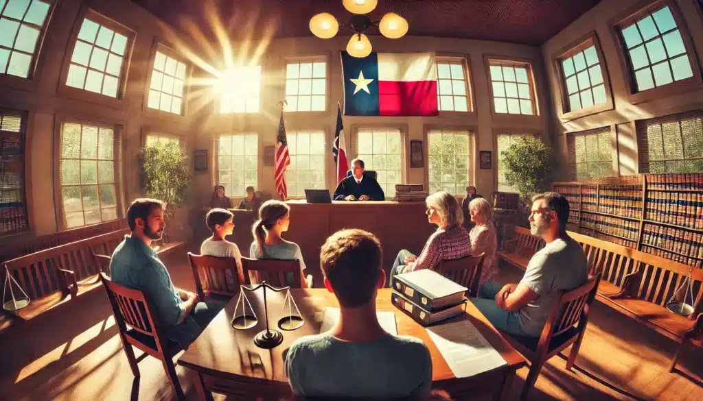 Wide-angle, photo-realistic, cinematic image with summer vibes, captured in the style of a wide-angle lens. The scene shows a courtroom setting in Texas with a judge considering a child custody case. Parents are seated on either side, and the judge looks thoughtful, evaluating documents and factors related to the custody case. The background features a Texas state flag and elements of a typical Texas courtroom. Bright summer light streams through the windows, creating a warm, inviting atmosphere. The image represents the factors considered by Texas courts in child custody cases.