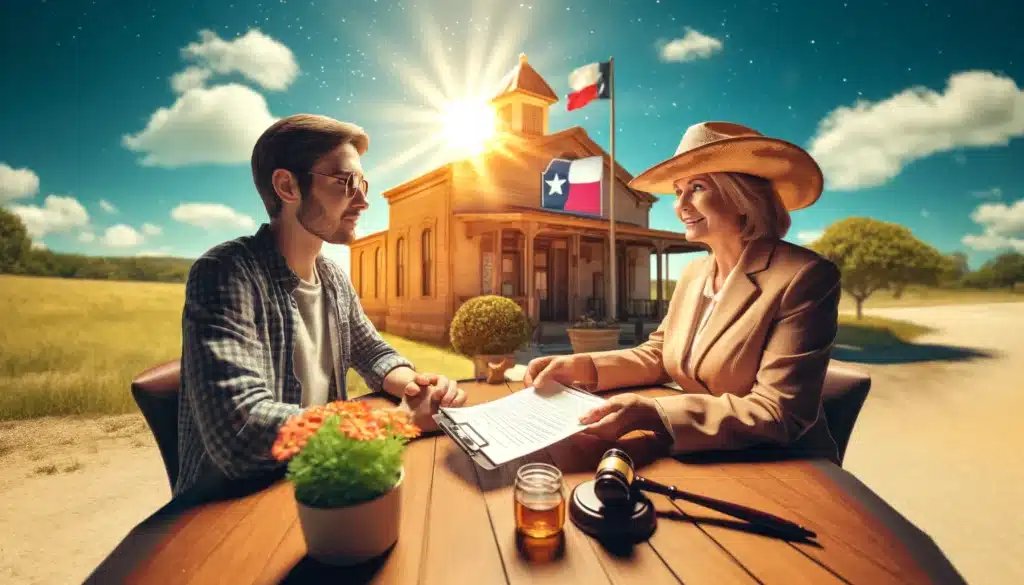 Wide-angle, photo-realistic, cinematic image with summer vibes, captured in the style of a wide-angle lens. The scene features an experienced child custody attorney sitting at a desk outdoors in a sunny Texas setting, speaking confidently with a parent who looks relieved and hopeful. The background showcases Texas symbols like a small courthouse or state flag, with a warm, inviting summer atmosphere. The attorney is reviewing documents, symbolizing legal expertise and guidance. The image conveys a sense of trust, relief, and the advantages of working with a skilled attorney during a custody case.