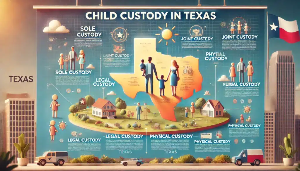A detailed, photo-realistic, cinematic wide-angle infographic image explaining child custody types in Texas. The infographic includes clearly labeled sections on 'Sole Custody,' 'Joint Custody,' 'Legal Custody,' and 'Physical Custody,' with simple icons showing parents and children. The design is modern, clean, and bright with a summer theme, using warm colors like light blue and sunny yellow. The background subtly features a Texas motif, such as a faint outline of the state or elements of the Texas flag. The text is legible, offering a visual guide to understanding the different custody arrangements in Texas.