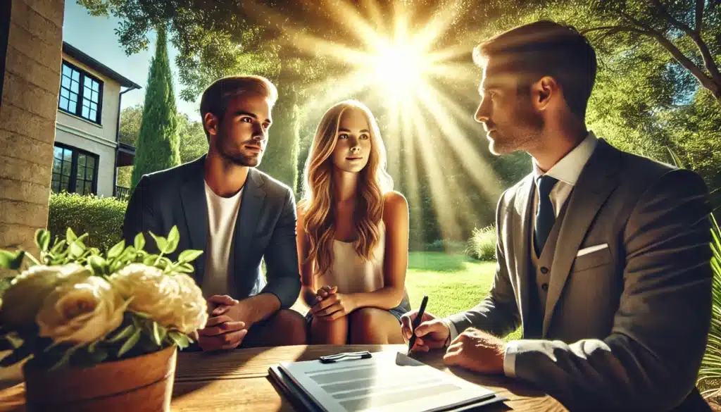 A wide-angle, photo-realistic, cinematic image depicting a couple meeting with an approachable attorney outdoors on a sunny summer day, discussing the uncontested divorce process. The setting has summer vibes, with bright sunlight, lush greenery, and an elegant, calm atmosphere typical of River Oaks, Texas. The couple looks relaxed and attentive, while the attorney, dressed professionally, is offering supportive guidance with a warm, reassuring expression. The scene exudes a sense of understanding, collaboration, and ease, without any legal documents or office props visible.