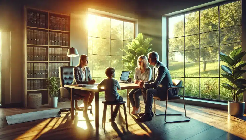 A photo-realistic, wide-angle cinematic image of a family discussing visitation disputes with their attorney. The scene captures a professional office with large windows letting in warm summer sunlight, highlighting the vibrant greenery outside. The attorney is seated at a desk with legal documents and a laptop, attentively listening to a concerned parent. The family, including a parent and a child, sit across the desk, their expressions a mix of worry and hope. The mood is empathetic and reassuring, emphasizing collaboration and resolution in a serene, summery setting.
