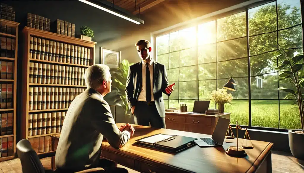 A photo-realistic, wide-angle cinematic image of an experienced attorney providing legal representation in a visitation case. The scene shows a professional office with large windows overlooking a sunny summer day with vibrant greenery outside. The attorney is standing confidently next to a desk filled with legal documents and a laptop, gesturing while explaining a point to a client seated across from them. The client listens intently, with a sense of relief and trust. The atmosphere is warm, professional, and supportive, with natural light creating a serene and reassuring setting.