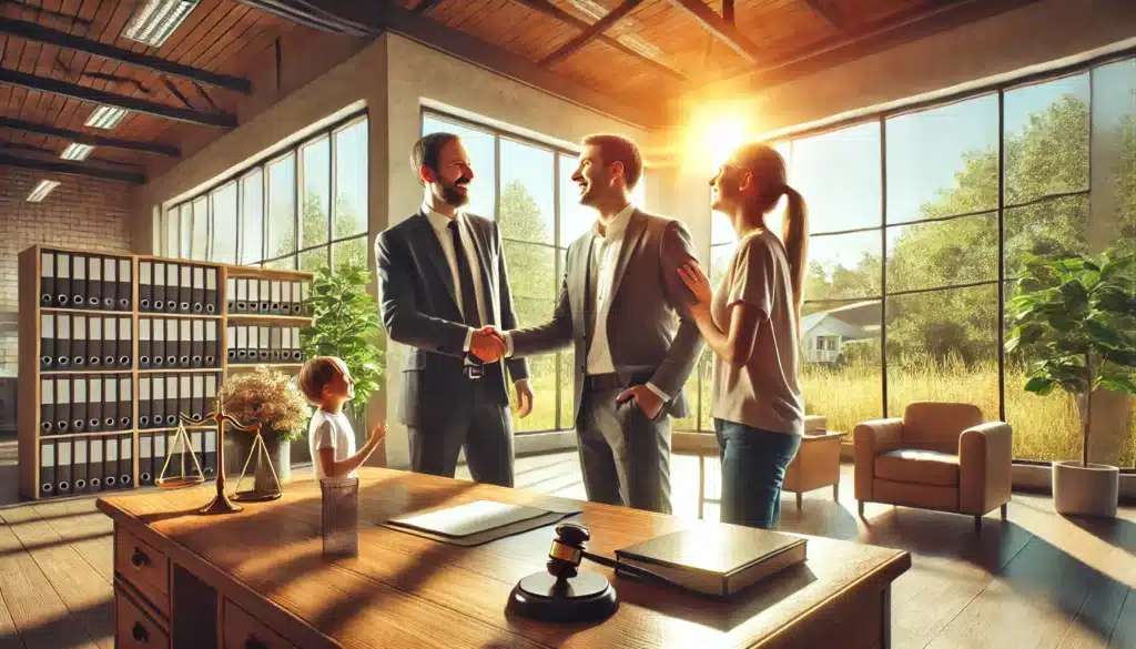 A photo-realistic, wide-angle cinematic image of clients celebrating a successful family law case outcome with their attorney. The scene captures a bright, professional office with large windows overlooking a sunny summer day and lush greenery outside. The attorney stands smiling with a handshake extended, while the clients, a parent and child, express joy and relief. The atmosphere is warm and celebratory, with natural light streaming into the room, creating an uplifting and triumphant mood.