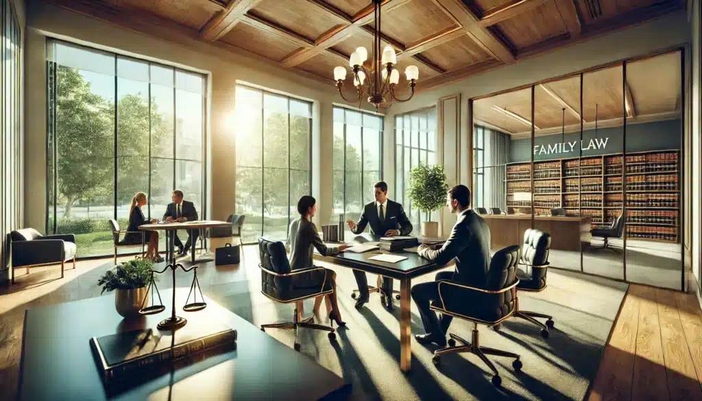 A photo-realistic, cinematic wide-angle image showing family law attorneys in an elegant office providing legal support for high-asset divorces. The scene includes two attorneys seated at a polished conference table, discussing case files and financial documents with a client. The summer sunlight streams through large windows, illuminating the room's upscale decor and creating a professional yet welcoming atmosphere. The background features subtle touches of greenery outside, evoking a serene and focused environment.