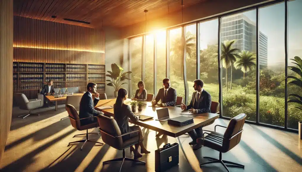 A photo-realistic, wide-angle cinematic summer scene showing family law mediation attorneys in a modern office setting discussing a case. The scene includes a sunlit room with large windows showcasing a lush summer landscape outside. A wooden conference table is covered with case files, laptops, and notes, while the attorneys are engaged in a calm, professional discussion. The lighting is warm and natural, emphasizing a collaborative and inviting atmosphere. Summer vibes are highlighted through soft greenery visible outside the windows.