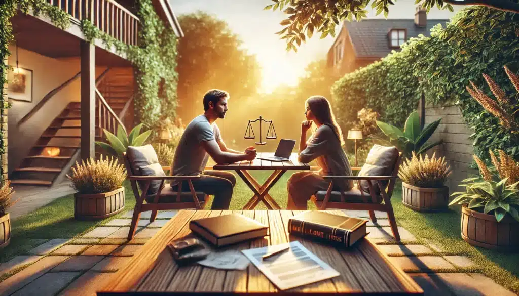 A wide-angle, photo-realistic, cinematic summer scene depicting a couple having a serious discussion in a cozy outdoor setting, such as a garden or a patio. Legal documents, books, and a laptop sit on the table between them, symbolizing discussions about the legal aspects of common-law marriage. The scene is bathed in warm, golden sunlight with a calm, inviting atmosphere. The background features lush greenery, adding to the summer vibes, while a subtle urban environment is visible in the distance.