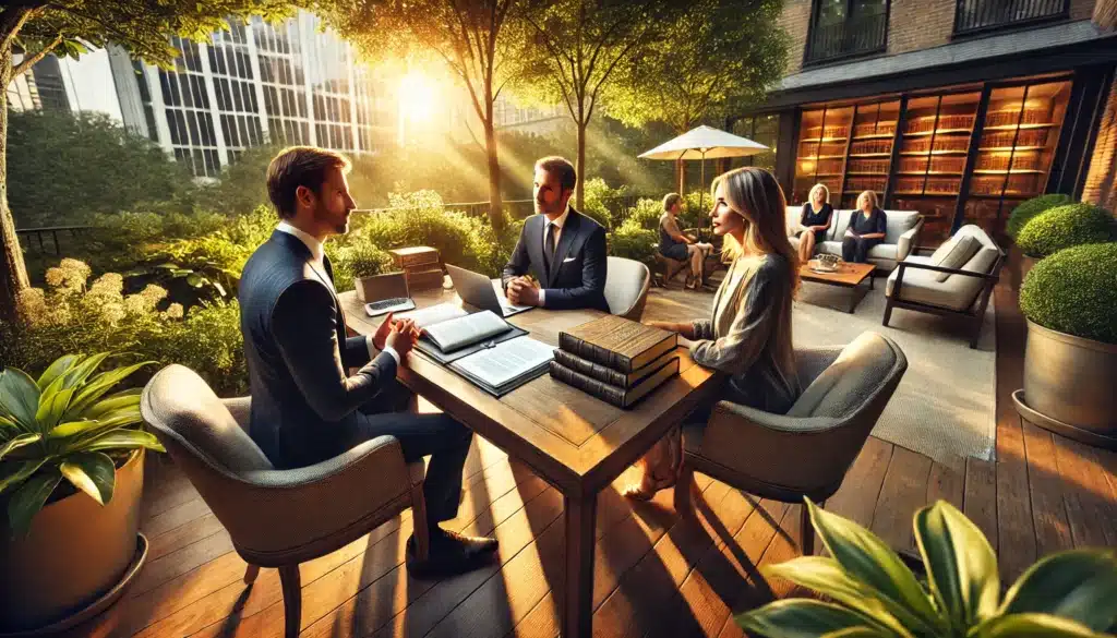 A wide-angle, photo-realistic, cinematic summer scene showing a professional attorney in an elegant outdoor office setting, consulting with clients. The attorney is seated at a large wooden desk with legal documents, books, and a laptop neatly arranged. The clients, a couple, sit across from the attorney, engaged in discussion. The scene is lit with warm, golden sunlight, surrounded by lush greenery, and hints of a sophisticated urban River Oaks, Texas, environment in the background. The atmosphere conveys professionalism and approachability.