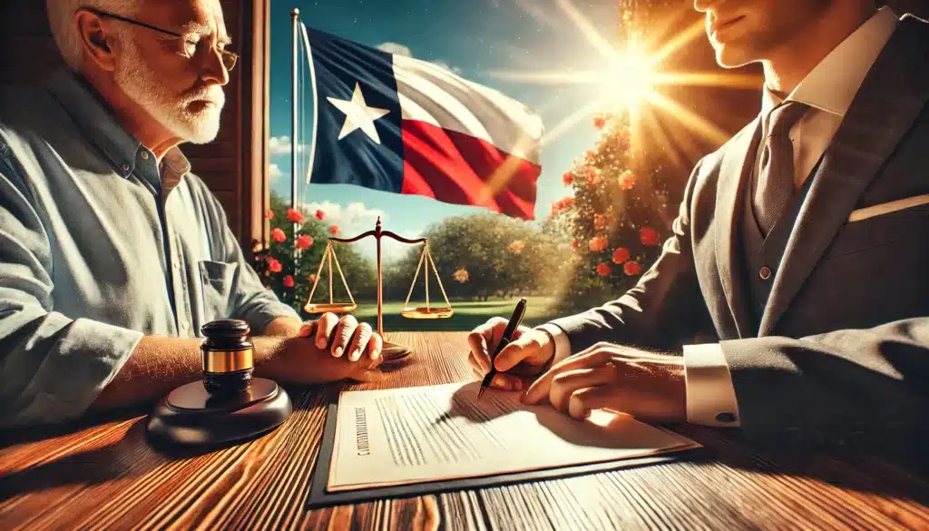 A cinematic, wide-angle, photo-realistic representation of the concept of conservatorship in Texas. The image shows a thoughtful scene of a parent signing legal documents with a lawyer at an elegant outdoor table in a sunny Texas setting. The background includes a Texas flag gently waving in the breeze, symbolic elements like scales of justice, and a supportive atmosphere with trees and bright sunlight. The image exudes summer vibes, professionalism, and a sense of resolution and guidance.