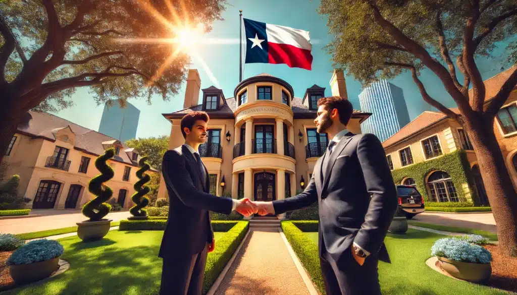 A cinematic, wide-angle, photo-realistic depiction of a scene symbolizing choosing the right conservatorship attorney in River Oaks, Texas. The image shows a confident attorney shaking hands with a client outside a luxurious office building with a Texas flag gently waving in the background. The setting is bright and sunny, surrounded by lush greenery, evoking summer vibes and a professional yet approachable atmosphere. The image captures trust, professionalism, and the significance of making the right legal choice.