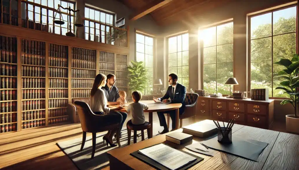 A cinematic, photo-realistic wide-angle image depicting a family law attorney's office during summer. The setting shows a professional yet welcoming office space with a large wooden desk, legal bookshelves, and sunlight streaming through large windows. The attorney is seated across from a family at a round table, discussing child custody details with a compassionate and focused expression. Papers and documents are neatly spread across the table, emphasizing the seriousness of the matter. The atmosphere captures summer vibes with vibrant greenery visible outside the windows and warm natural light creating a serene and hopeful environment.
