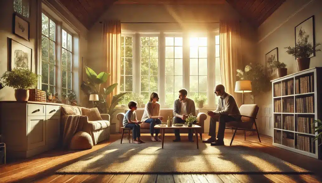 A cinematic, photo-realistic wide-angle image depicting a family seated together in a cozy living room during summer, facing emotional and psychological challenges from a legal dispute. The room is warmly lit with sunlight streaming through large windows, casting a serene glow over the scene. The parents appear deep in conversation with a therapist or counselor, while a child sits nearby with a thoughtful expression, holding a drawing. The environment is inviting and empathetic, with soft furnishings and greenery outside the windows emphasizing summer vibes and a sense of hope amid the struggles.