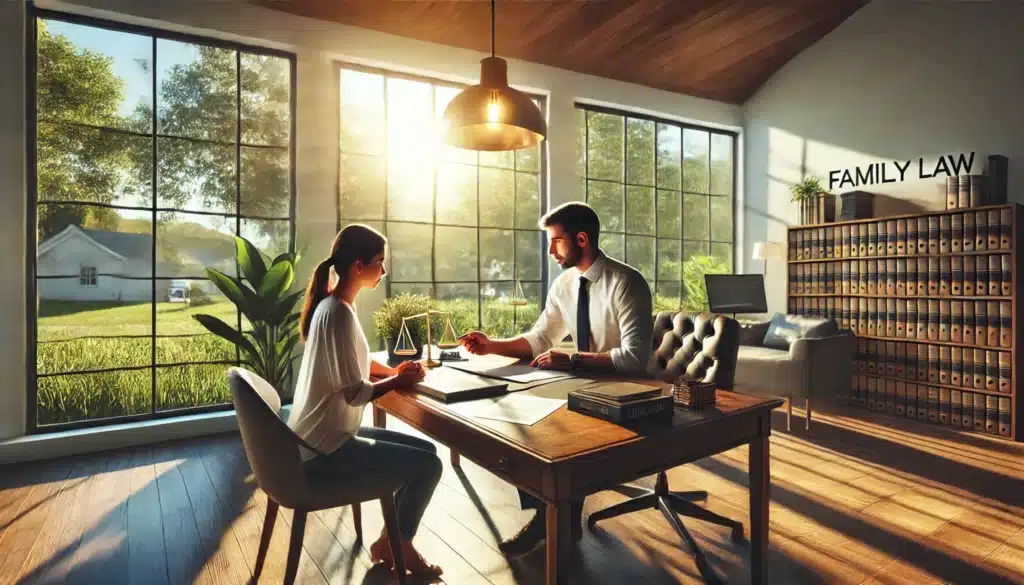 A wide-angle, photo-realistic, cinematic image with summer vibes capturing a scene of navigating the legal process with a family law attorney. The setting is an inviting, well-lit office with large windows showcasing a bright, sunlit view of greenery outside, giving a warm and relaxed feel. A family law attorney sits at a polished wooden desk with a client, attentively guiding them through legal documents. The client looks reassured as the attorney points to specific sections, providing clear and supportive advice. The atmosphere reflects professionalism, trust, and a calming presence, ideal for navigating the complexities of family law in Texas.