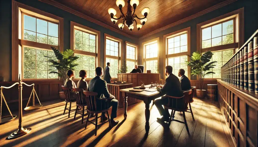 Wide-angle, photo-realistic, cinematic image with summer vibes, capturing a courtroom scene illustrating the legal process in a child custody case. The scene features a judge sitting at the bench, attorneys presenting their arguments, and a family seated nearby. The atmosphere is serious yet professional, with warm natural light streaming in through large windows, creating a bright and inviting space. The courtroom setting includes traditional wooden furniture and decor, emphasizing the formal yet approachable environment. The image should convey a sense of importance and focus on the child’s best interests.