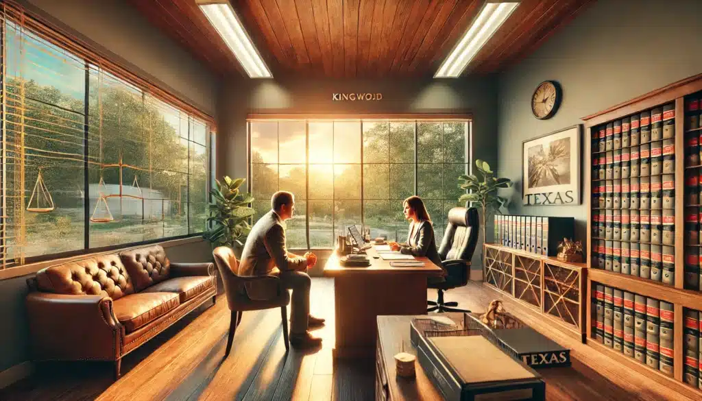 A wide-angle, photo-realistic, cinematic image with summer vibes, showing a family law attorney in Kingwood, Texas, discussing legal matters with a client in a well-lit office setting. The scene features a warm, inviting atmosphere with large windows letting in natural sunlight, a view of green trees outside, and a relaxed, professional environment. The attorney is seated at a desk with legal documents and a laptop, attentively listening to the client who appears engaged. The image captures a sense of comfort, trust, and professionalism, with elements of Texas visible in the decor.