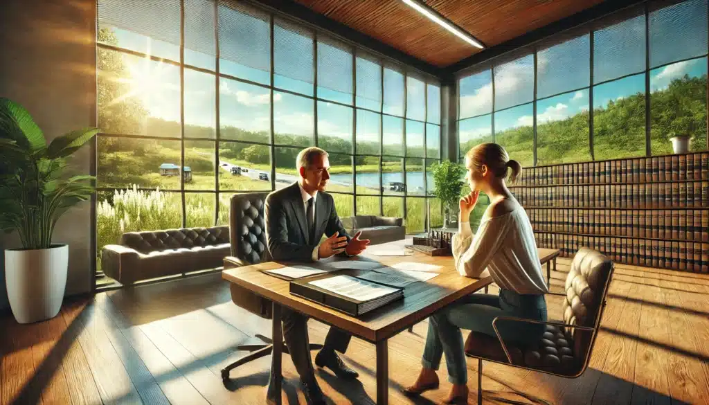 A wide-angle, photo-realistic, cinematic image with summer vibes, depicting the process of choosing the right family law attorney in Kingwood, Texas. The scene takes place in a bright, modern office with large windows, natural light pouring in, and a welcoming atmosphere. The image shows a client meeting with a well-dressed family law attorney, discussing legal documents spread across a polished desk. The attorney appears professional and attentive, while the client looks thoughtful and engaged. Green Texas landscapes can be seen through the windows, adding a sense of calm and trust. The environment exudes professionalism, comfort, and a focus on making informed decisions.