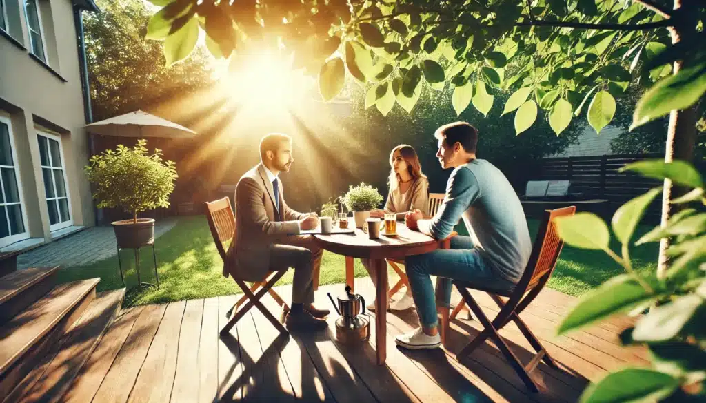 Wide-angle, photo-realistic, cinematic summer image depicting a family law mediation process. A professional mediator sits at an outdoor table, guiding a calm and constructive discussion between a couple. The atmosphere is warm and inviting, with bright sunlight filtering through green leaves, creating a peaceful summer setting. The individuals appear attentive, engaged, and relaxed, symbolizing a positive mediation session focused on resolution and collaboration. The scene captures the essence of the mediation process, offering a hopeful and collaborative approach to resolving family disputes. No cameras or camera equipment are visible.