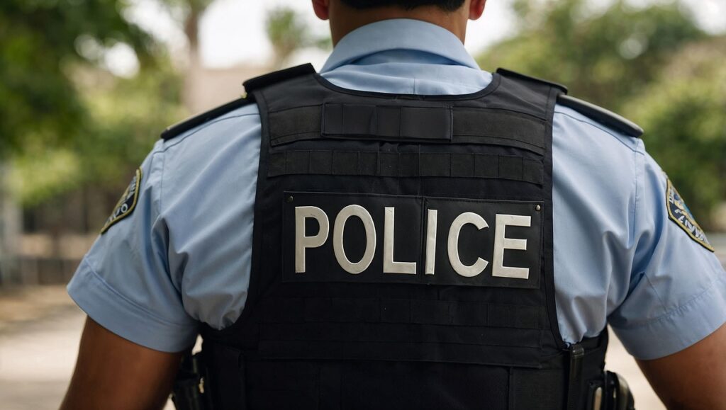 police-9095364_1280 back of police officer with the words POLICE in vest