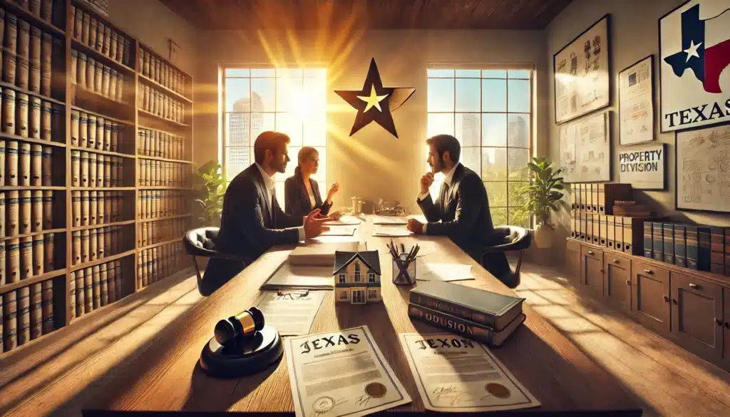A wide-angle, photo-realistic, cinematic image with summer vibes, depicting a legal office table filled with documents, property deeds, and financial statements. Two individuals, one appearing frustrated and the other determined, sit across from each other with a lawyer mediating in the middle. Sunlight pours through large windows, highlighting Texas-themed decor, such as a Lone Star emblem on the wall. The scene conveys tension yet professionalism as property division discussions unfold during a contested divorce.