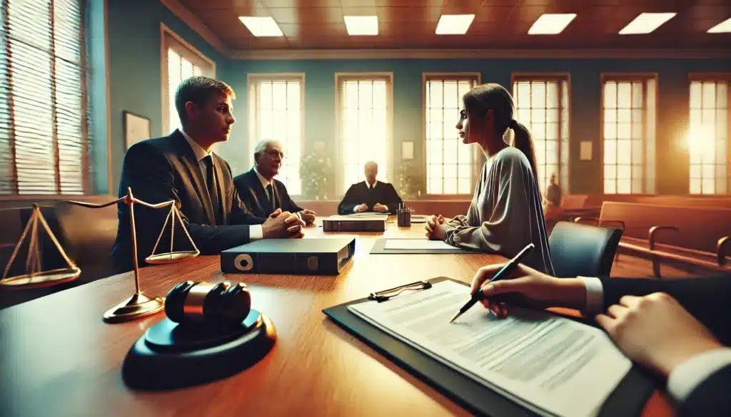 A wide-angle, photo-realistic, cinematic image with summer vibes, capturing a discussion of legal options for non-custodial parents in a blurred courtroom setting. The scene includes a professional attorney and a non-custodial parent sitting at a table with legal documents. The background features a softly blurred courtroom, creating an atmosphere of seriousness and professionalism. The lighting is warm and natural, reflecting a summer day, emphasizing clarity and hope. No words or camera equipment are visible in the image.