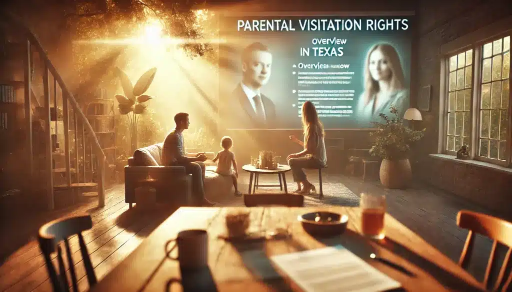 A wide-angle, photo-realistic, cinematic image with summer vibes, showing an overview of parental visitation rights in Texas. The scene includes a blurred image of a family sitting together in discussion, symbolizing the complexities of visitation rights. The background is a warm, inviting outdoor setting with sunlight filtering through trees, emphasizing a hopeful and supportive atmosphere. The focus is on the family dynamic, with a subtle legal undertone through documents visible on the table. No words or camera equipment are visible in the image.