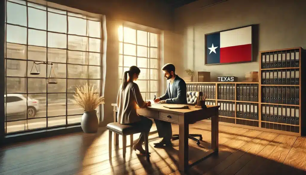 A cinematic, photo-realistic wide-angle image depicting the concept of uncontested divorces in Texas. The scene shows a peaceful lawyer's office with a couple sitting together at a wooden desk, signing papers amicably. The backdrop includes large windows with warm summer sunlight streaming in, a subtle Texas flag visible outside the window, and minimalistic decor emphasizing simplicity and cooperation. The mood is calm and optimistic, with a sense of closure and fresh beginnings.