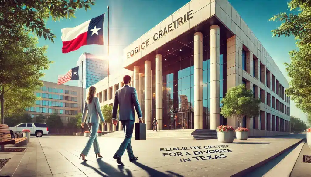 A cinematic, photo-realistic wide-angle image illustrating the concept of eligibility criteria for a quick divorce in Texas. The scene shows a modern courthouse exterior in bright summer sunlight, with a couple walking out, holding a folder of legal documents, and appearing calm and optimistic. The Texas flag waves gently in the background, and the atmosphere conveys a sense of resolution and progress. The mood is professional yet approachable, with a focus on the legal and personal aspects of the process.