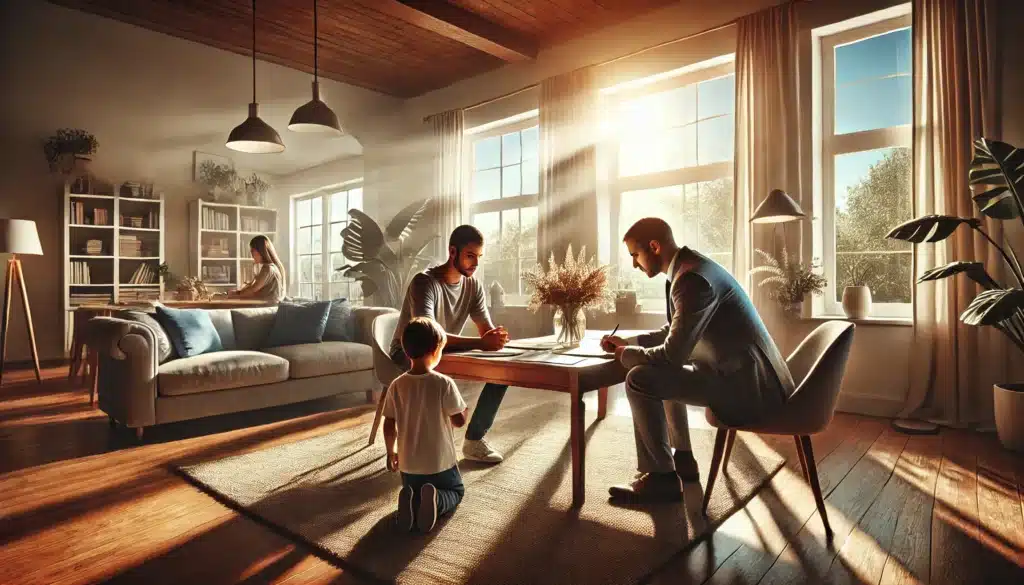 A cinematic, photo-realistic wide-angle image depicting considerations for child custody and support during divorce. The scene shows a family meeting in a cozy living room bathed in warm summer sunlight streaming through large windows. A calm and professional mediator or lawyer sits with a parent and child, reviewing custody agreements. The atmosphere is supportive and hopeful, with family-oriented decor, soft furnishings, and a focus on collaboration for the child’s well-being. The mood conveys resolution and care, emphasizing the importance of the child in the process.
