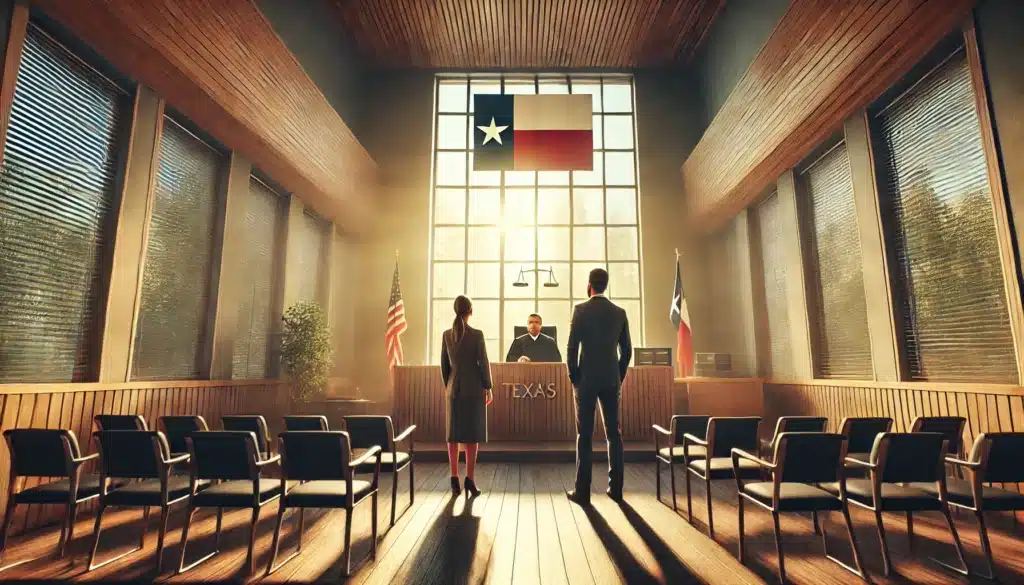 A cinematic, photo-realistic wide-angle image capturing the moment of finalizing the divorce process in Texas. The scene features a modern courtroom with a judge seated at the bench, a couple standing before the judge with calm and resolved expressions. Summer sunlight streams through tall windows, casting a warm glow over the room. Subtle Texas decor elements, such as a small flag or emblem, are visible. The atmosphere conveys closure, professionalism, and a hopeful new beginning for both parties.