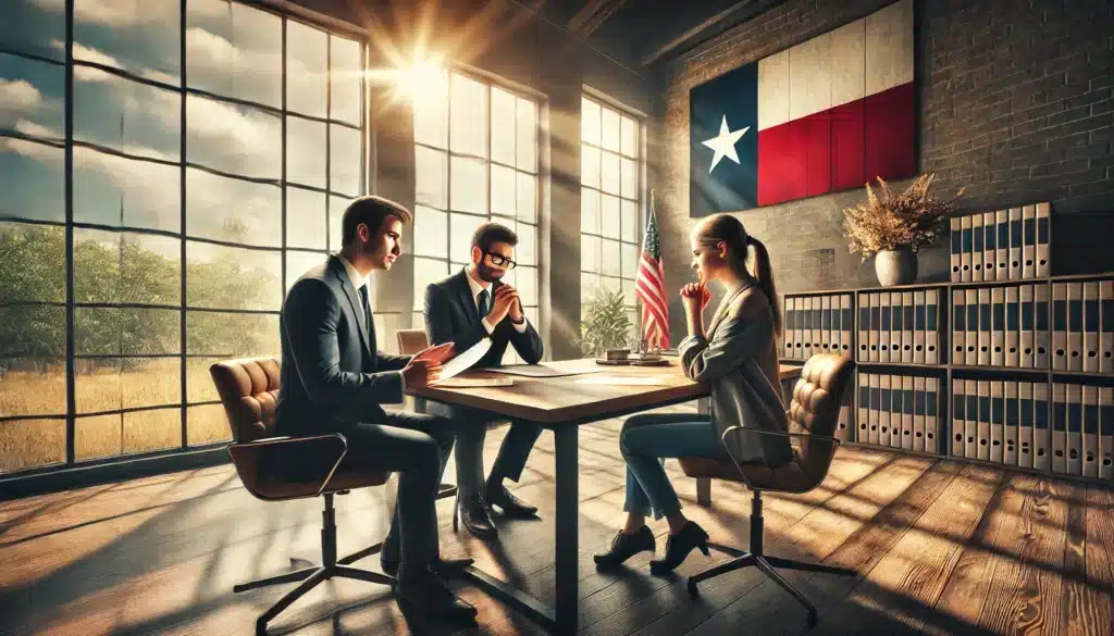 A cinematic, photo-realistic wide-angle image illustrating the impact of different types of alimony on divorcing spouses in Texas. The scene shows two individuals sitting on opposite sides of a modern conference table in a law office, with a lawyer mediating between them. One spouse looks relieved while reviewing documents, and the other appears contemplative. The office is brightly lit with warm summer sunlight streaming through large windows, featuring subtle Texas-themed decor like a state flag and rustic art. The mood reflects resolution, balance, and understanding.