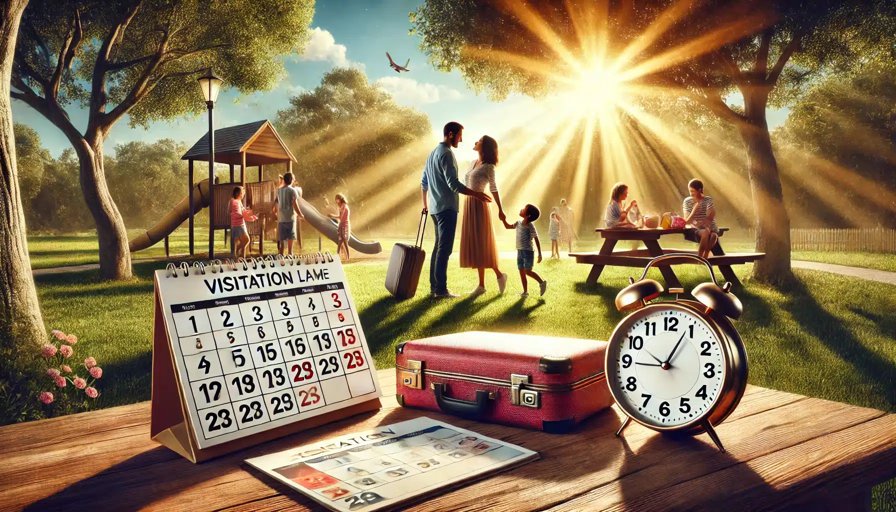 A cinematic, photo-realistic wide-angle image capturing summer vibes. The scene illustrates visitation schedules in a family law context. A peaceful park setting features a calendar and clock on a picnic table, symbolizing structured parenting time. Nearby, two parents exchange a smiling child with a suitcase, representing a harmonious visitation transition. The background includes children playing on a sunny day, emphasizing the importance of stability and meaningful relationships. Warm sunlight filters through the trees, creating an inviting and hopeful atmosphere.