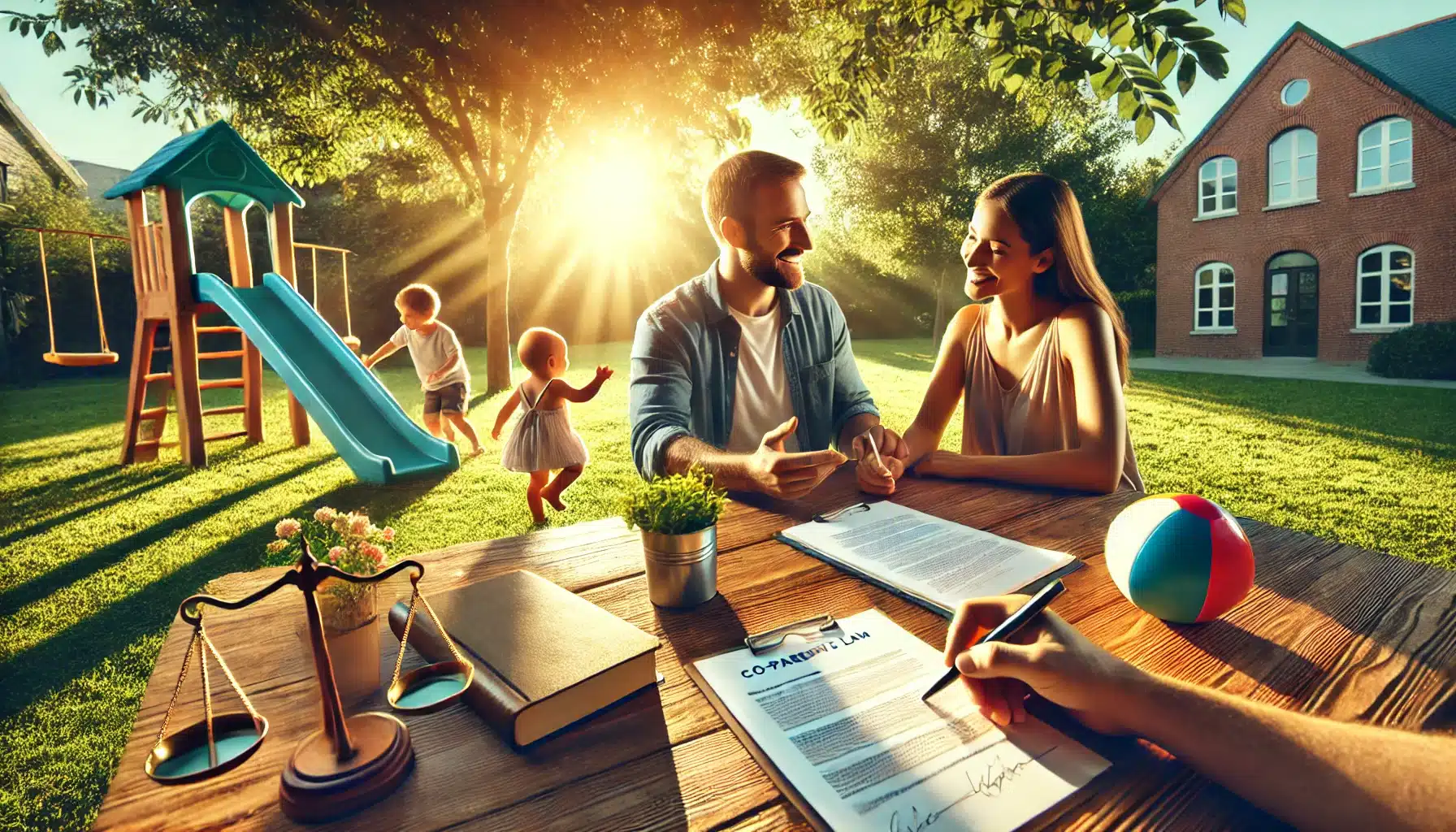 A cinematic, photo-realistic wide-angle image capturing summer vibes. The scene depicts parental rights and responsibilities in family law. A bright park setting shows two parents collaborating over a co-parenting plan on a table, with a notebook and legal documents. A smiling child plays nearby, symbolizing their well-being as the focus. The image conveys harmony and teamwork, with warm sunlight filtering through the trees, highlighting the positive aspects of shared parenting and mutual involvement.